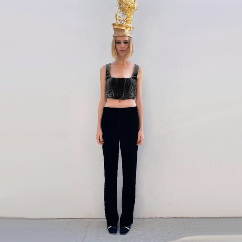 NWT Zara grey crushed velvet corset cropped top, XS